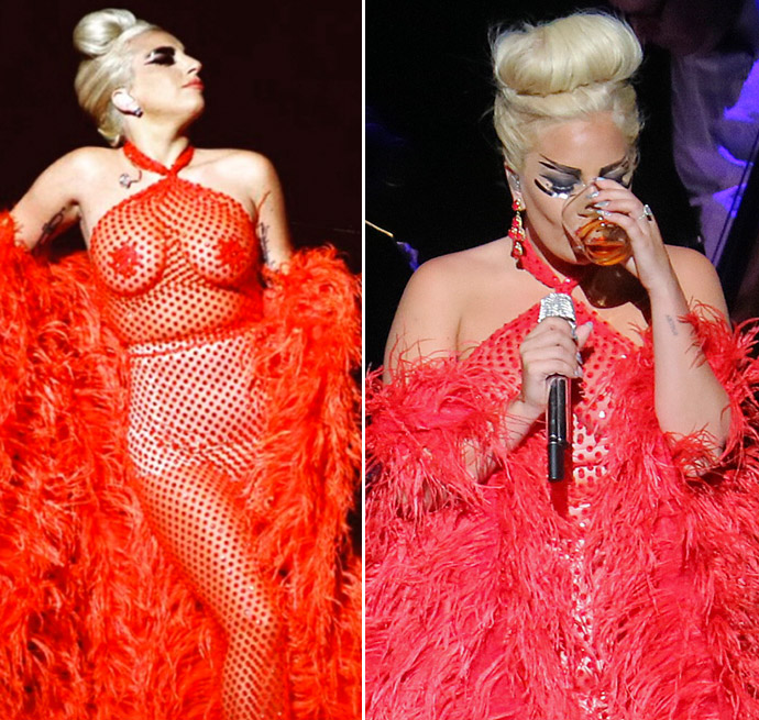 Леди Гага выступила в странном наряде и выпила виски на сцене. (9 фото)